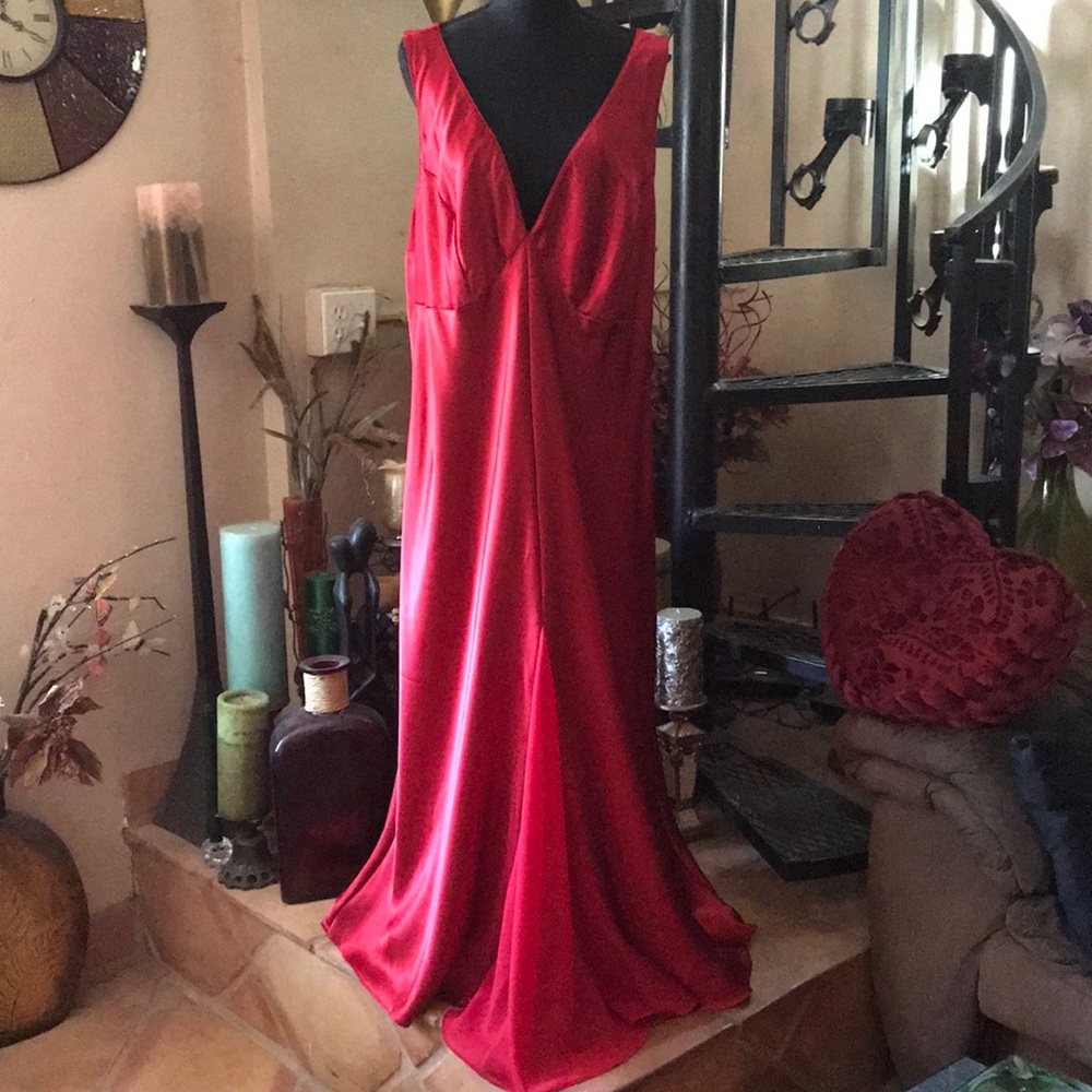 Vintage Red Chiffon Satin Full Sweep Long Maxi Nightgown Slip Dress Lingerie